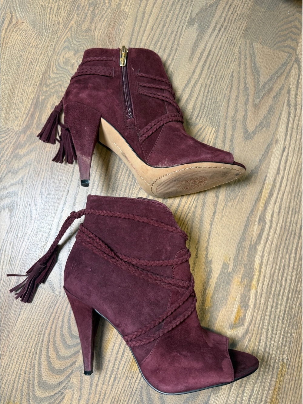 Vince Camuto Burgundy Suede Peep Toe Ankle Boots, Size 7M